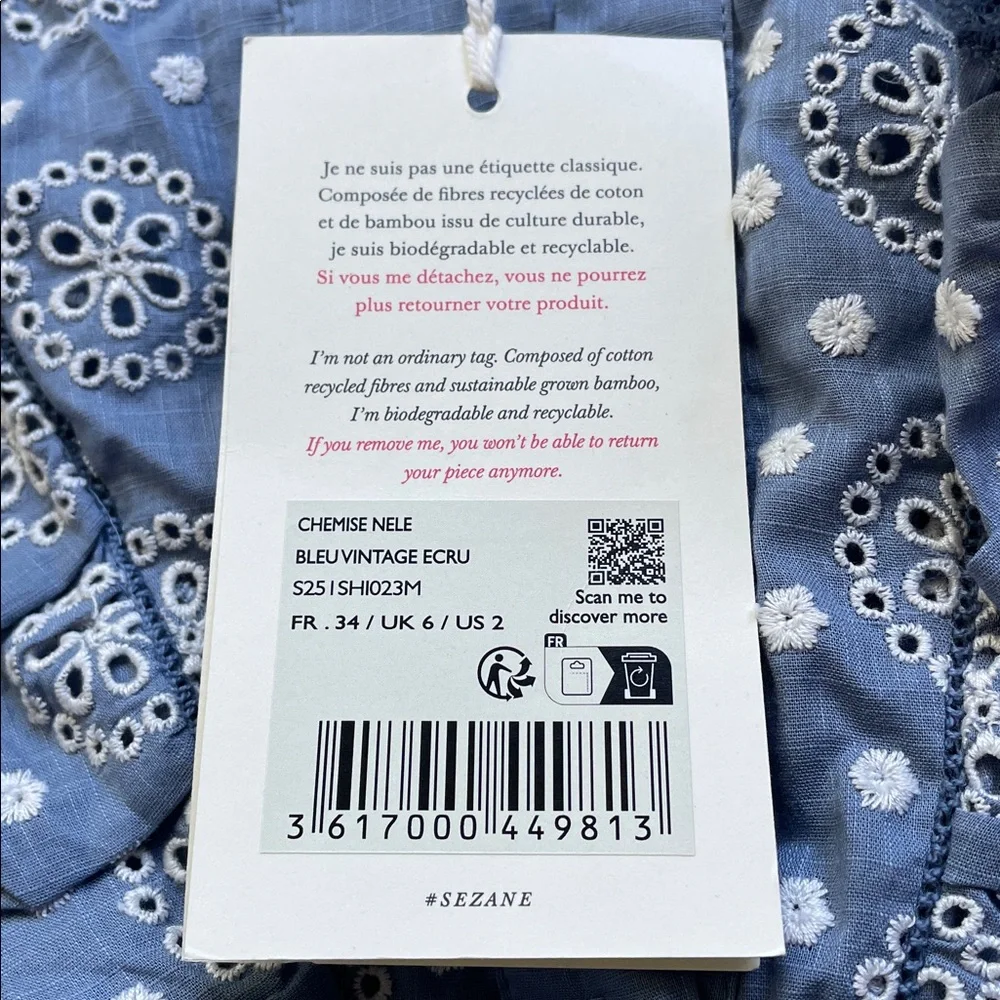 Sezane Nele embroidered vintage ruffle blue cropped shirt. NWT!! - Picture 3 of 16